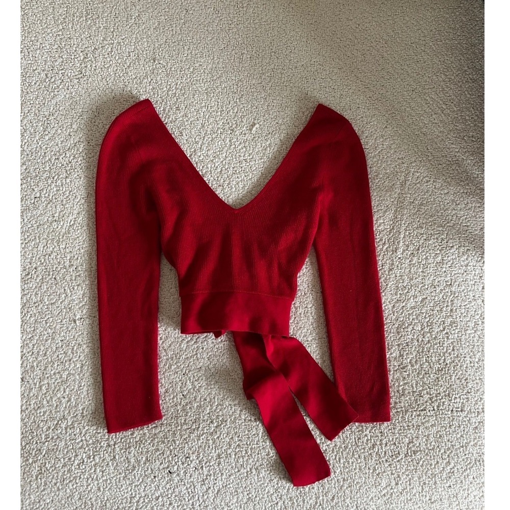 Express Womens Red Ribbed V-Neck Wrap Tie Waist Cropped Long Sleeve Top Size S